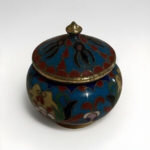 Vintage Minituare Metal Decorative Blue and Gold Cloisonné Jar 2”